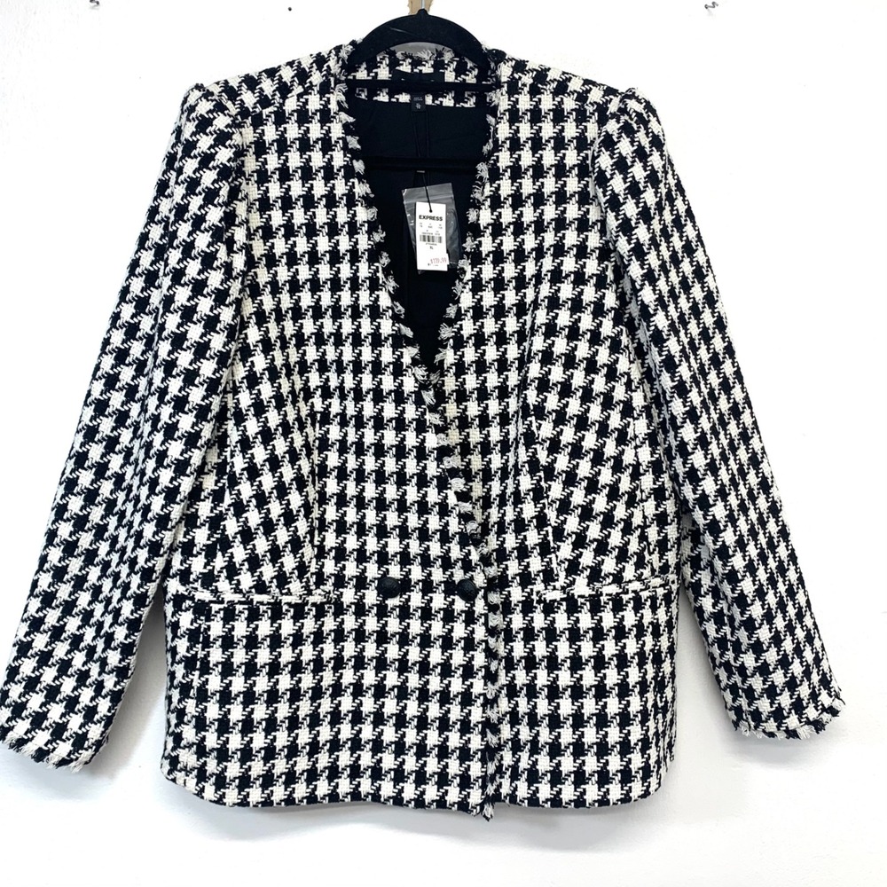 Express Houndstooth Tweed Frayed Trim Blazer Jacke Women XL Black White NEW